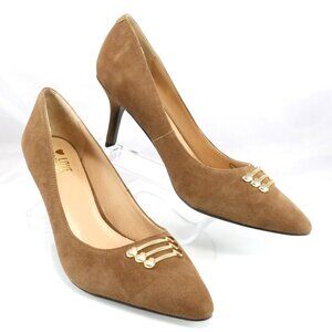 NIB$475 Love Moschino Brown Suede Pointed Toe Gold Heart Accents Pumps 38.5